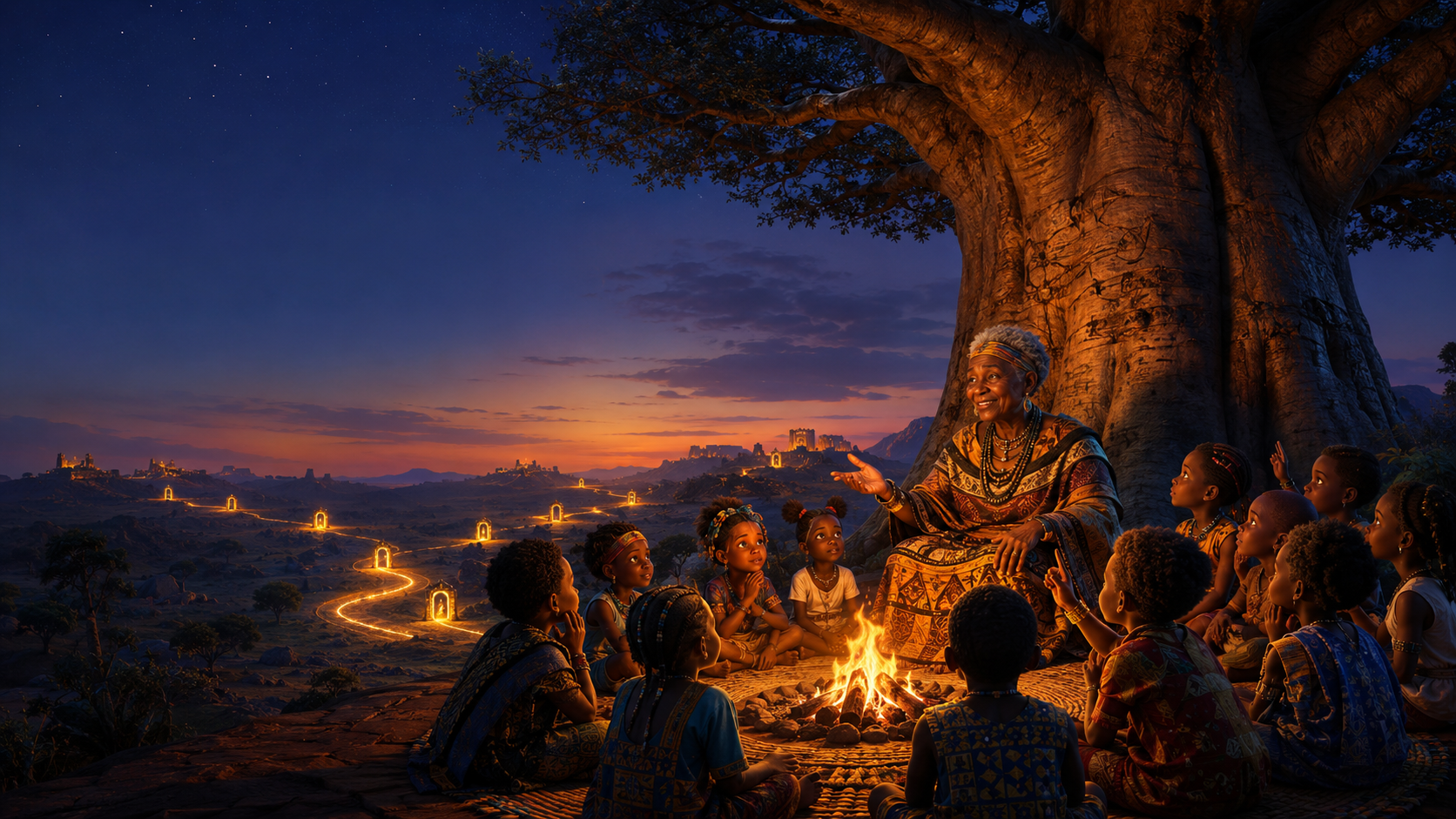 The Keeper of Stories and children gathered around a fireside beneath the Great Baobab Tree